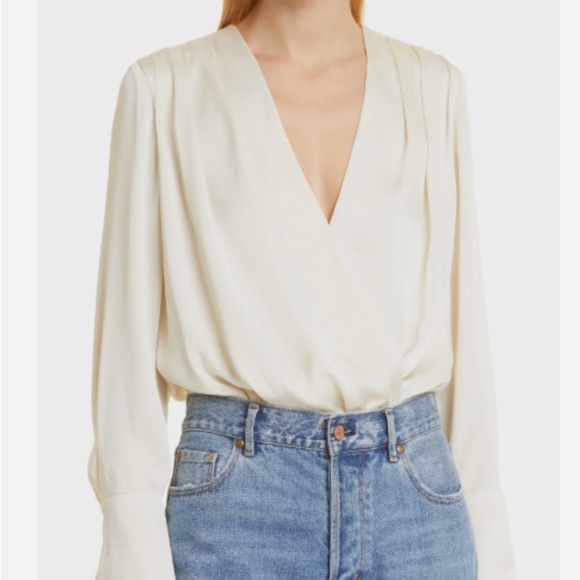 Favorite Daughter Tops - Favorite Daughter Surplice Long Sleeve Satin Bodysuit In Champagne.